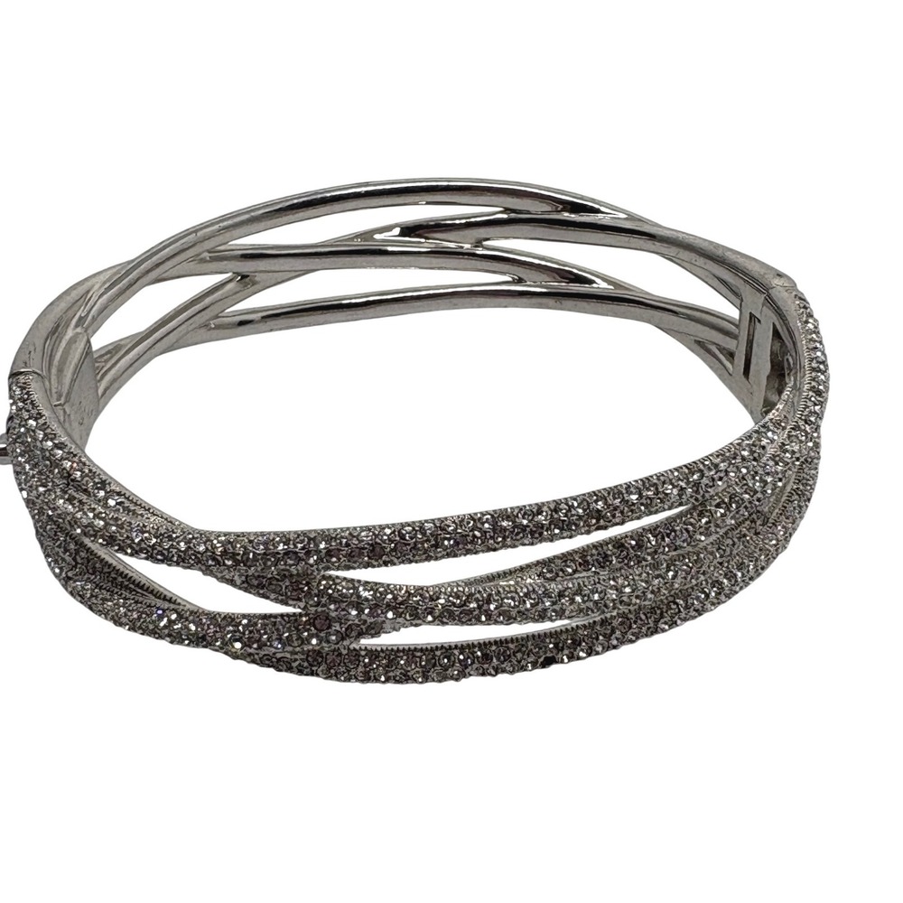 Silver Tone Crystal Pave Multi Strand Crossover Hinged Bangle Bracelet *seephoto